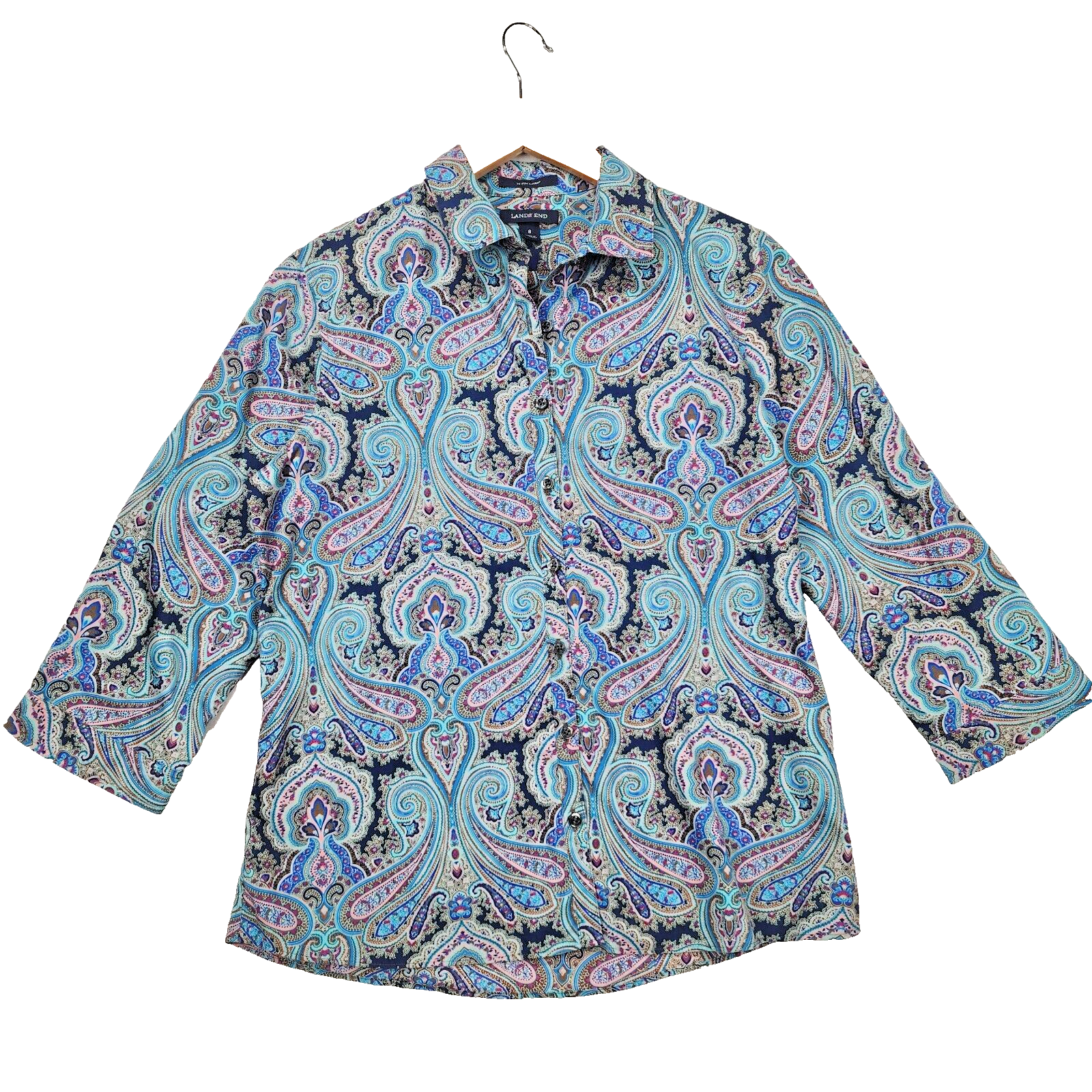 Lands End Womens Blue No Iron Paisley Long Sleeve Button Shirt Size 8
