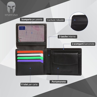 Portafoglio Uomo Slim, Portacarte in Pelle con Protezione RFID, Porta Carte di Credito Uomo Piccolo, Porta Tessere con Portamonete e Scomparti Banconote-Confezione Regalo-Tutta Stagione-Nero&Arancione