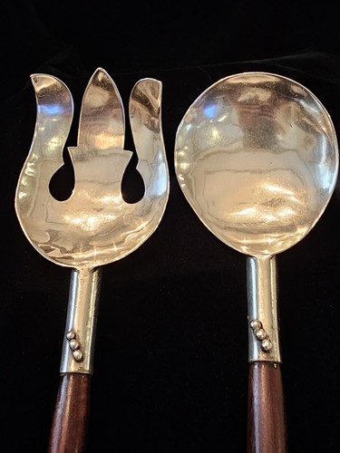 Vintage Mexican Sterling Silver and Wood Salad Serving Set Fork & Spoon