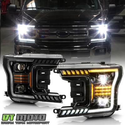 2018-2020 Ford F150 White LED DRL + Amber Sequential Projector Headlights Black