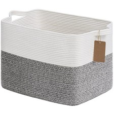 Woven Storage Basket, 18x14x12, Cotton Rope, Handles, Blanket, Gray, White