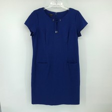 Talbots Dress Petites 12P Royal Blue Stretch Midi Zip Back Cap Sleeves & Pockets