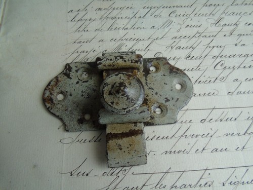 French antique iron door latch lock slide bolt country rustic hardware - Picture 3 of 5