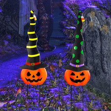 2 Pack Halloween Garden Decorations, Metal Jack-O-Lantern Stakes with Witch Hats