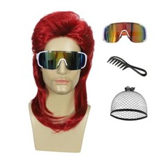Men's 80s Mullet Wig, Rock Punk Cosplay Costume Wig with B-Bright Red