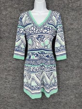 Barbara Gerwit Dress Womens M Blue Floral V Neck 3/4 Sleeve Shift Jersey