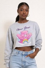 Care Bears Cheer Bear  Women's Gray Cropped Crewneck Sweatshirt  Size Large