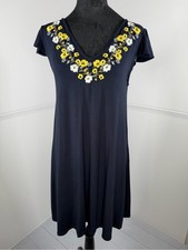 LOFT Navy Embroidered Floral Swing Dress Size XS