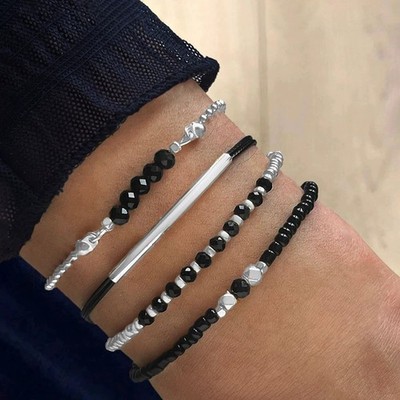 4Pcs Fashion Black Glass Stone Bracelets for Women Boho Handmade Jewelry Accesri