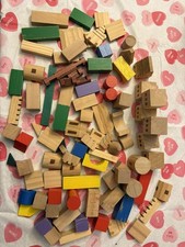 Wooden Multicolor  Natural Wood Building Blocks - Large Lot of VTG Blocks