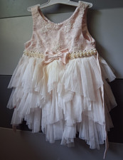 Girls Pink/Ivory Tulle Tutu Dress Sleeveless Beaded Bow Waist Party 3-6M