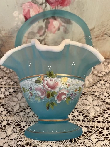 Fenton Charleton Roses Blue Topaz Footed Basket 2002 Signed Orig Box Tag C100766