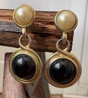 Vintage Earrings Gold Tone Faux Pearl Faux Onyx MCM 60s Mod Costume Jewelry