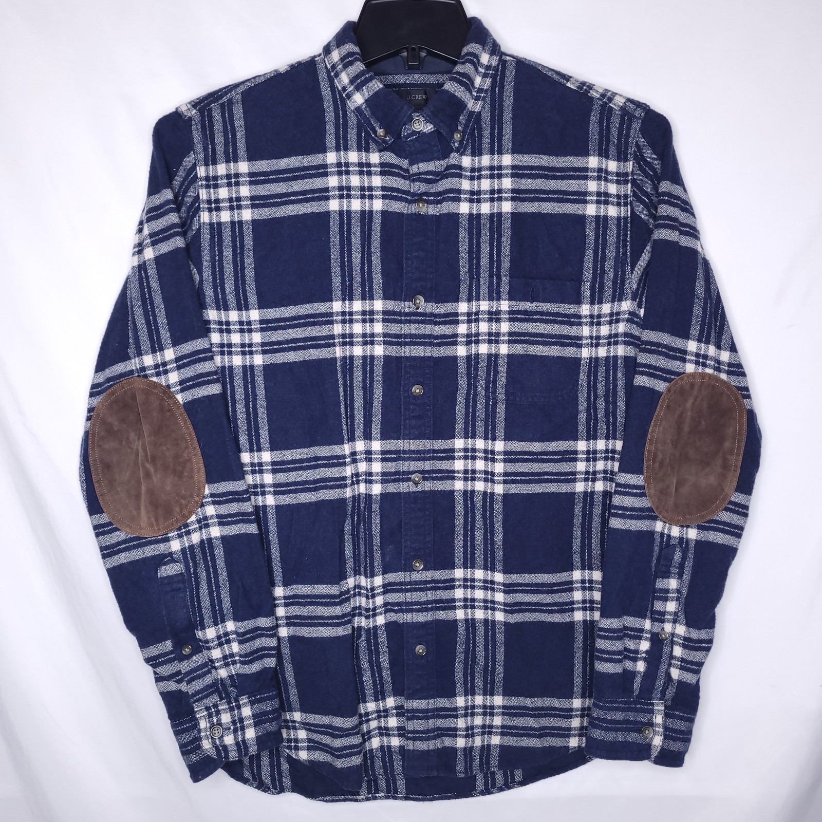 J Crew Flannel Shirt Mens Medium Plaid Blue, White Wool Blend Leather Elbow