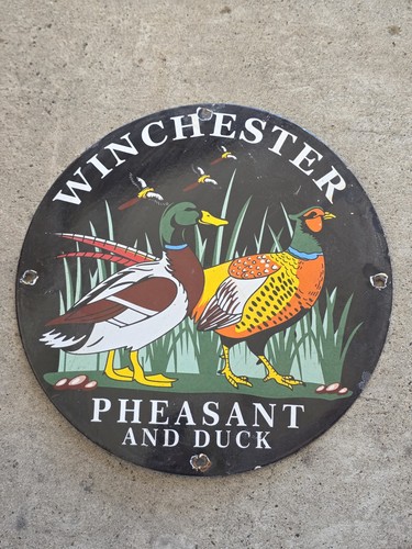 VINTAGE 1950'S WINCHESTER PHEASANT AND DUCK PORCELAIN SIGN GUN AMMO 12"