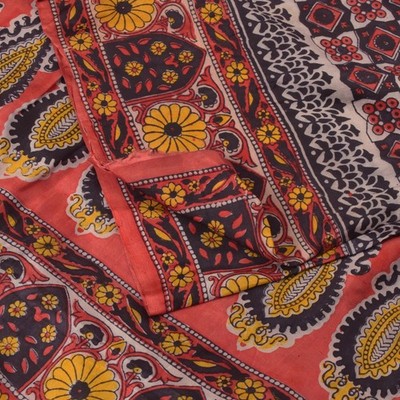 Sanskriti Vintage Soft Blue-Red Pure Silk Sari Floral Block Printed Saree 5.5Yd