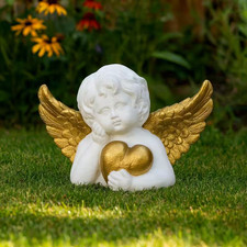 White 15 In. X 11 In. Resin Cherub Angel Garden Statue with Heart Ornament