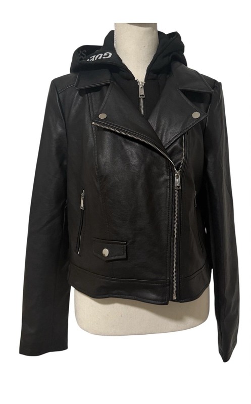 Guess Faux Leather Moto Jacket W/ Fleece Hoodie NEW! Small