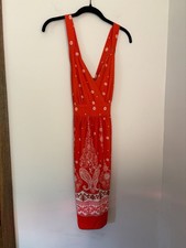 Women’s Red Orange Paisley Boho Floral Print V-Neck Mini Dress Sz M