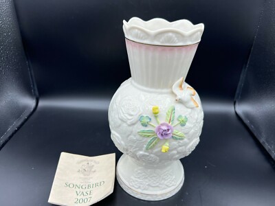 Belleek Songbird 2007 Ireland Rose 150 Yrs Porcelain Vase, 10  Tall, 6'' Widest