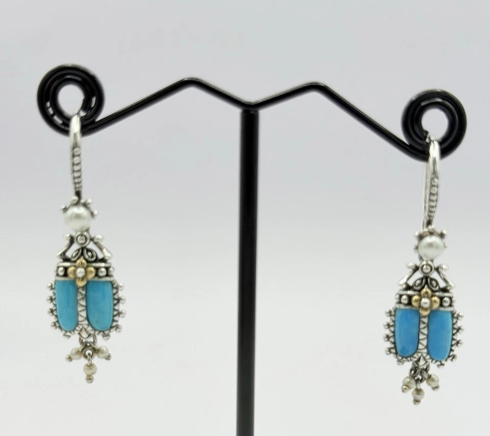Barbara Bixby Sterling Silver & 18k Turquoise White Pearl Scarab Beetle Earrings - Image 3 of 4