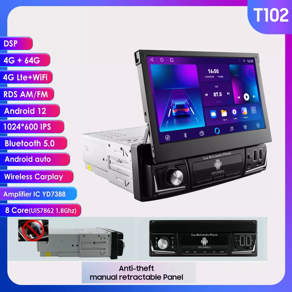 7" Single 1Din IPS Car Stereo Radio Android 12 GPS Navi CarPlay WIFI DSP 4G+64GB - Image 2 of 4