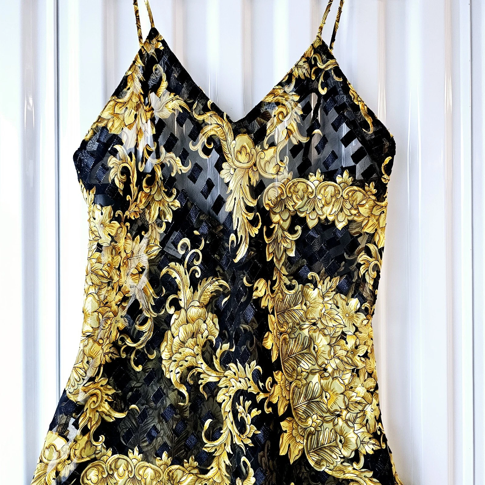 UNDERCOVER Camicia da notte Victoria's Secret vintage anni 90 etichetta oro nero e oro trasparente slip dress