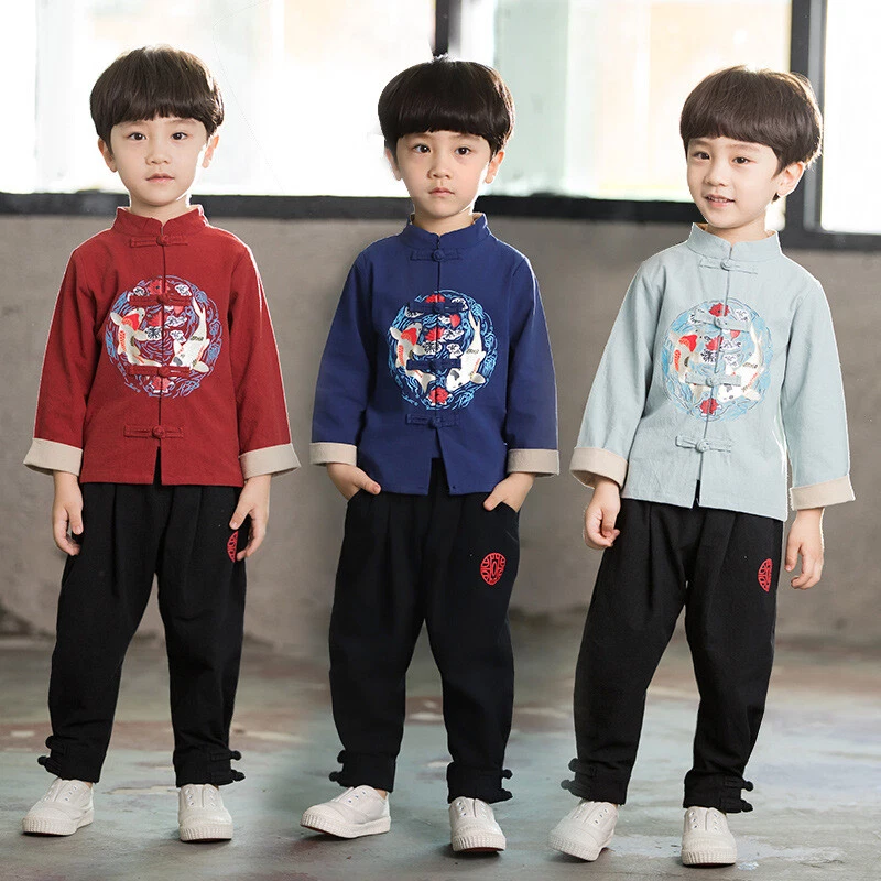 2pcs Kids Boy Outfit Top and Pants Fish Pattern Frog Button Chinese Ethnic  Retro