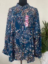 NWT Nine West Women Teal Realm 100% Viscose Tumbling Flowers Blouse Shirt Sz 2XL