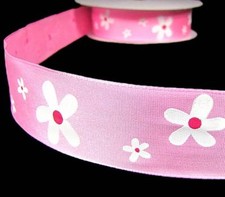 5 Yards Pink White Flower Blossoms Wired Ribbon 1 1/2"W
