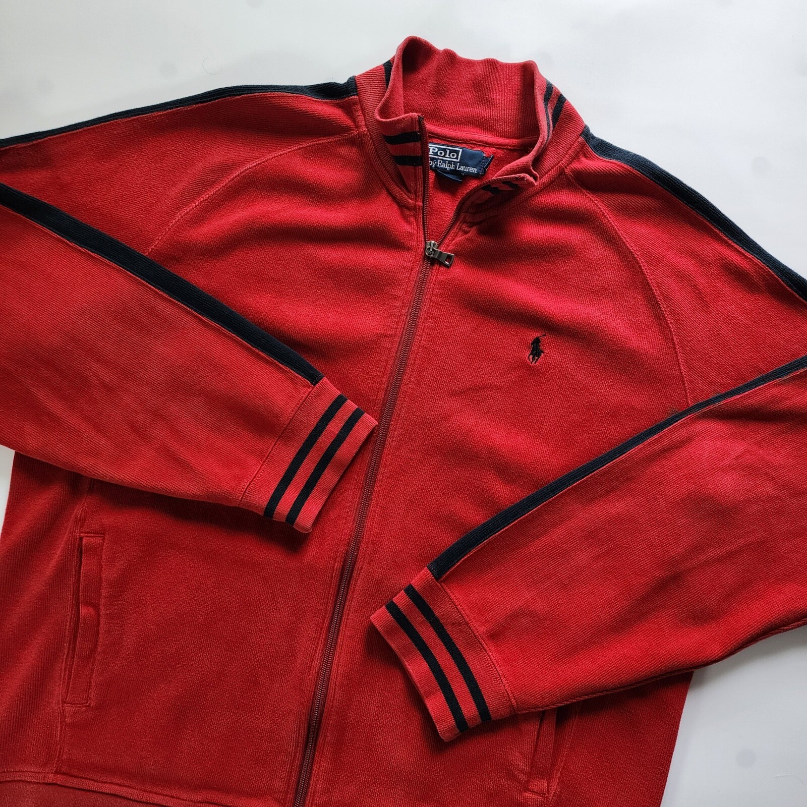 PONY Polo Ralph Lauren Bomber Giacca Uomo Rosso Full Zip Rigato Finto Collo Cotone Vintage