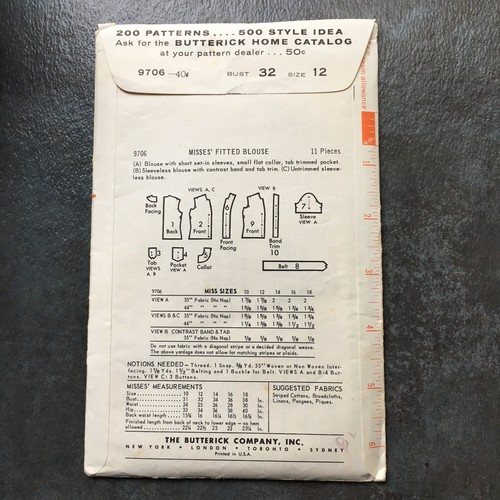 Vintage 1950s Butterick pattern 9706 woman's fitted blouse, size 12, bust 32 - Picture 2 of 2