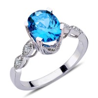 Diamant Oval Blauer Topas Ring 14 Karat WeißGold R80058