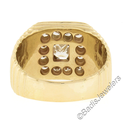 Men's Ribbed 14K Gold 1.91ctw GIA Princess Cut Diamond Solitaire & Halo Ring - Picture 7 of 11