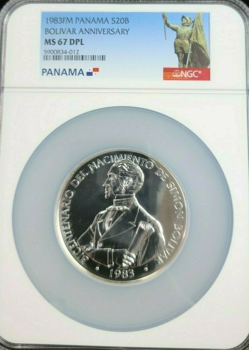 1983 PANAMA SILVER 20 BALBOAS BOLIVAR ANNIVERSARY NGC MS 67 DPL