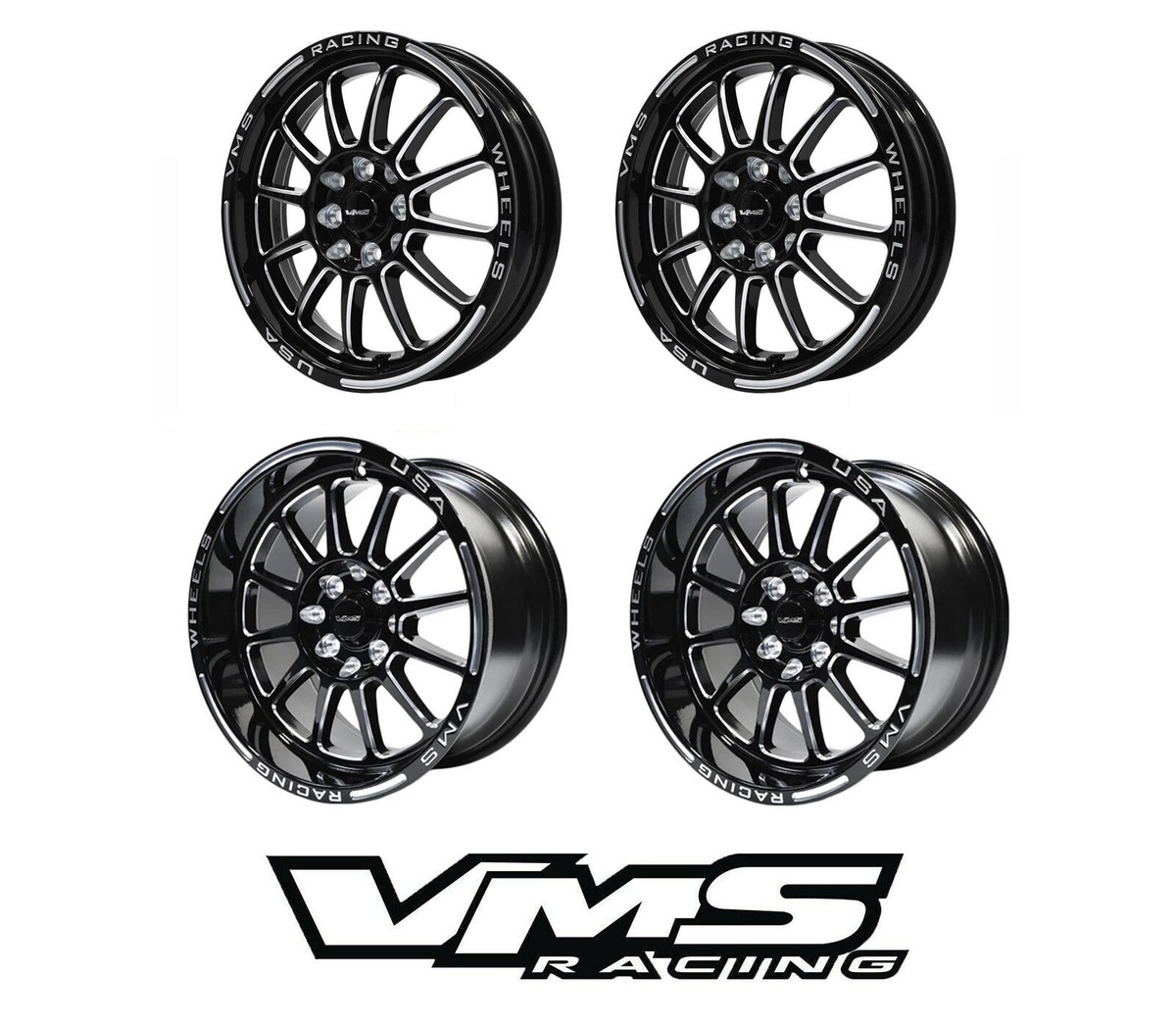 4 VMS RACING BLACKHAWK F/R DRAG RACE WHEELS RIMS 15X8 15X3.5 FOR
