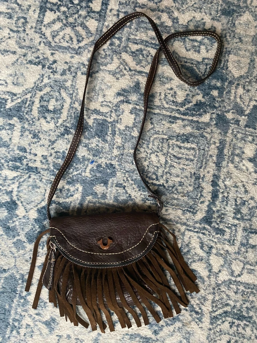 True Religion Brown Leather Boho Crossbody Purse With Fringe Detail