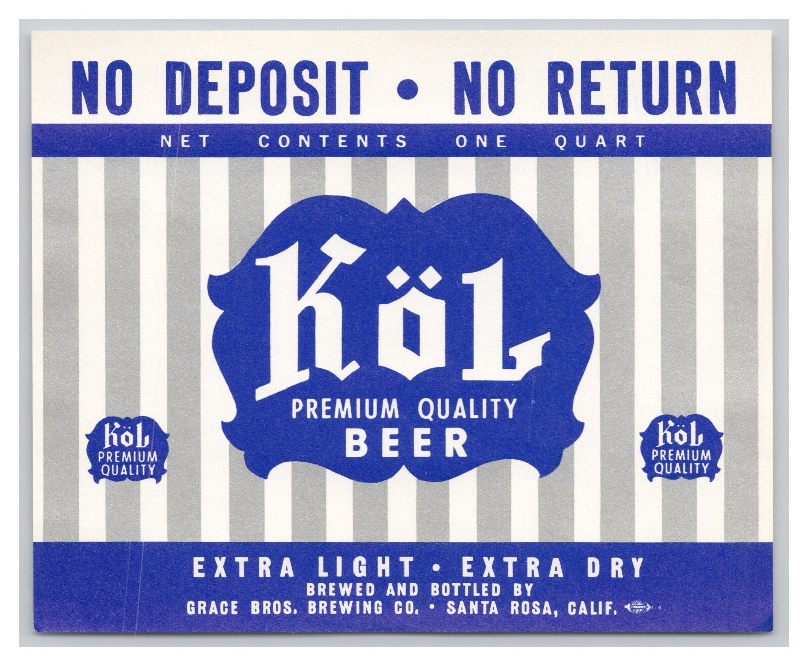 KoL Beer Grace Bros. Brewing Co. Santa Rosa California Vintage Paper Beer Label