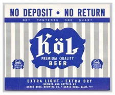 KoL Beer Grace Bros. Brewing Co. Santa Rosa California Vintage Paper Beer Label
