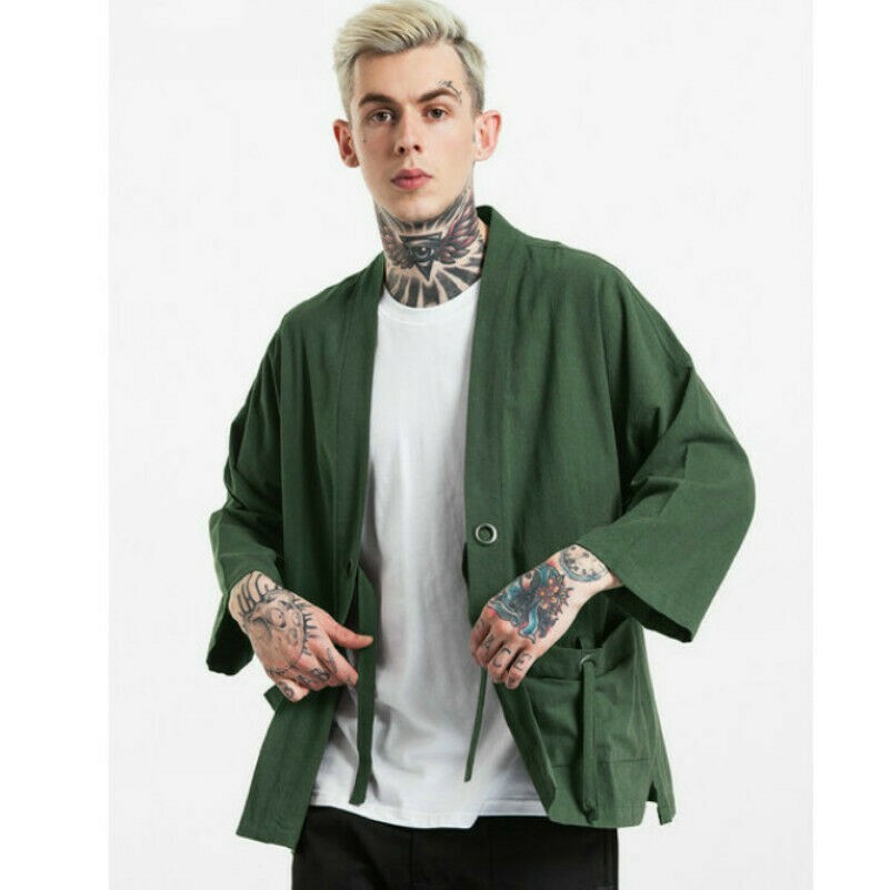 ALTRA Cappotto uomo giapponese Yukata kimono capospalla cotone lino retrò top sciolto tinta unita nuovo