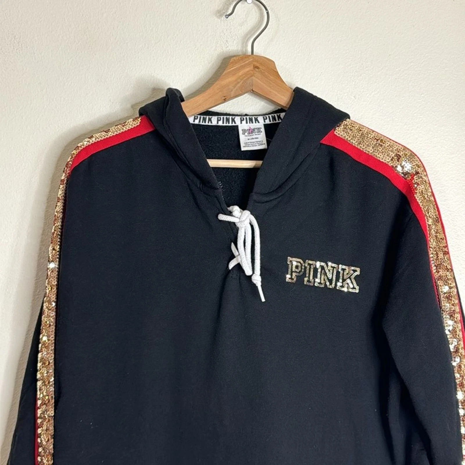 UNDERCOVER Felpa con cappuccio Victoria Secret rosa donna amore rosa stringata nera taglia media rose paillettes