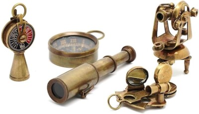 Vintage Messing 50er Set Schlüsselanhänger Theodolit Teleskop Kompass Sextant...
