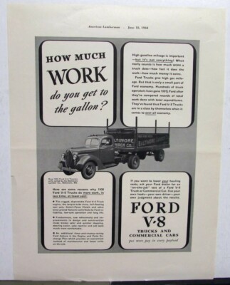 1938 Ford V8 Truck How Much Work Do You Get To The Gallon? Ad Proof Orig