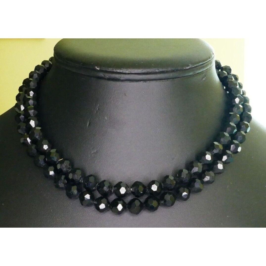 Vintage Classy Double Strand Black Glass Faceted … - image 2