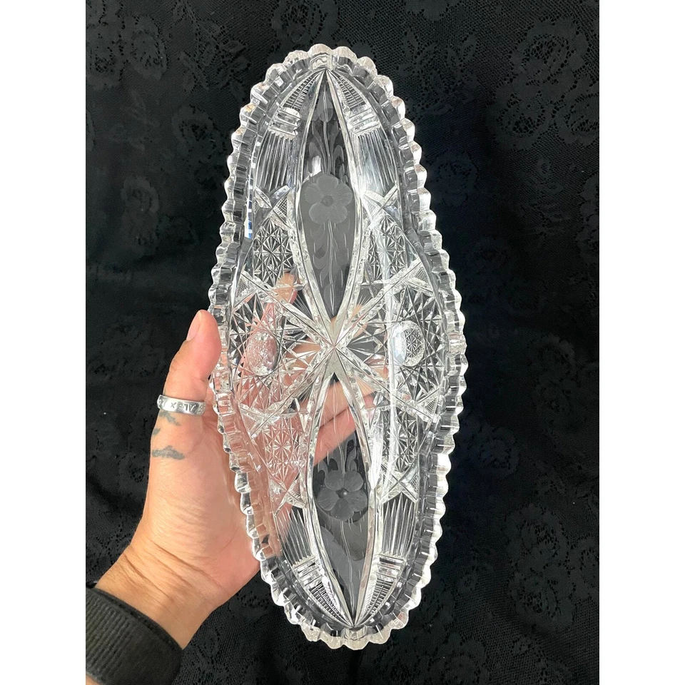 VTG American Brilliant Clear Cut Glass Oblong Relish Tray Celery Bowl 11" HEAVY - Image 2 of 4