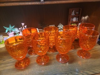 Set of 8 Viking Glass Persimmon Georgian Honeycomb Goblets Glasses Orange Read