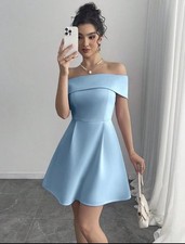 Shein Women's Baby Blue Off-Shoulder Fit and Flare Dress Large Back Zipper New
