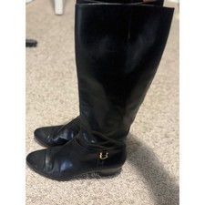 Salvatore Ferragamo Black Leather Knee HighBootsSize7GoldGanciniHeelMade inItaly