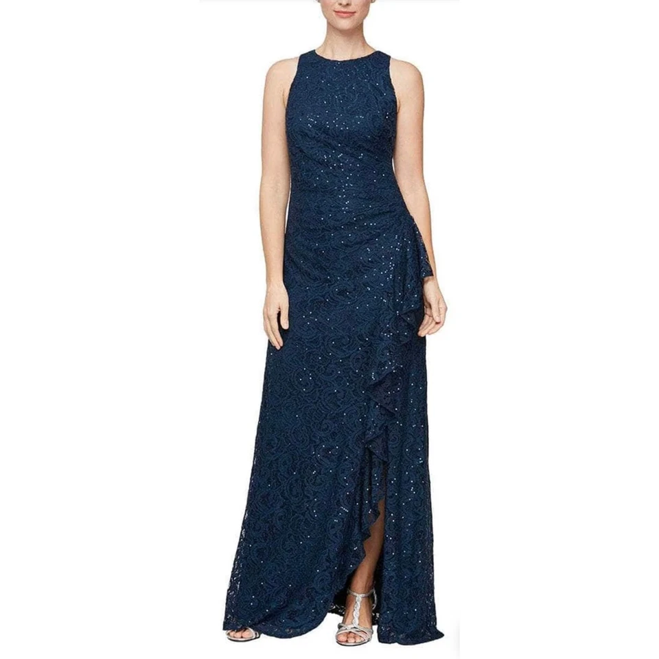 Alex Evenings Navy Sleeveless Lace Sequin Long Dress Gown Sz 14 Wedding Guest - Image 3 of 4