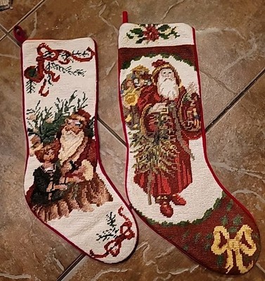Christmas Stockings Embroidered Wool Old World Santas Pair 2 A+ Condition 1980s